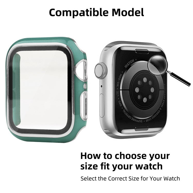 Electroplating Hard PC Watch Case Cover with Tempered Glass Screen Protector for Apple Watch Series 9 / 8 / 7 45mm - Blackish Green / Silver