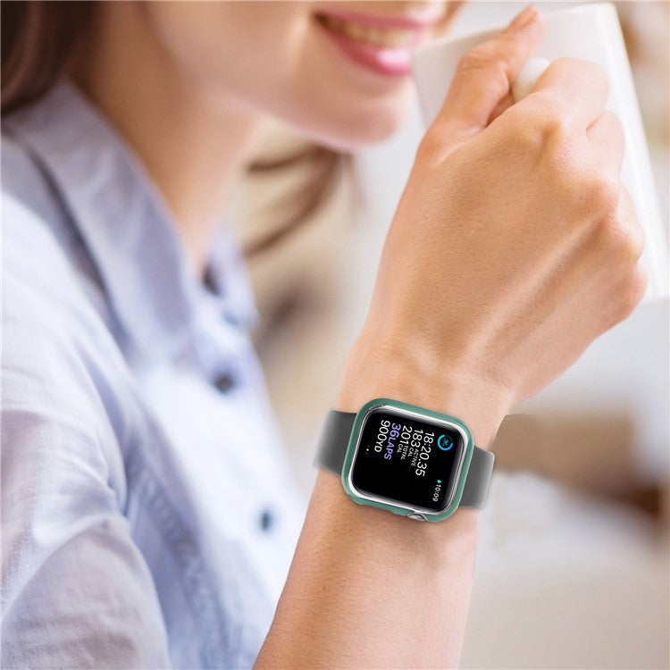Electroplating Hard PC Watch Case Cover with Tempered Glass Screen Protector for Apple Watch Series 9 / 8 / 7 45mm - Blackish Green / Silver