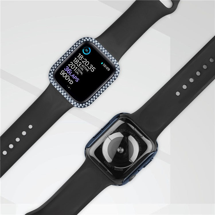 For Apple Watch SE (2022) 40mm / SE 40mm / Series 6 / 5 / 4 40mm Bling Rhinestone Hard PC Case with Tempered Glass Screen Protector Integrated Cover - Blue