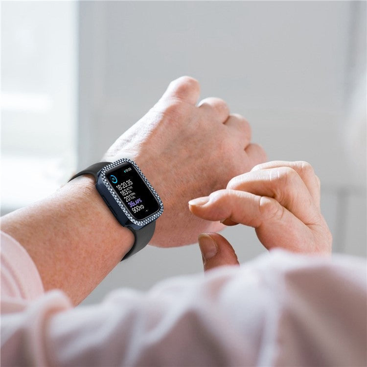 For Apple Watch SE (2022) 40mm / SE 40mm / Series 6 / 5 / 4 40mm Bling Rhinestone Hard PC Case with Tempered Glass Screen Protector Integrated Cover - Blue