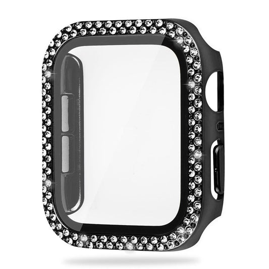 For Apple Watch SE (2022) / SE / Series 6 / 5 / 4 44mm Double Bling Rhinestone Overall Hard PC Case with Tempered Glass Screen Protector Integrated Watch Cover - Black