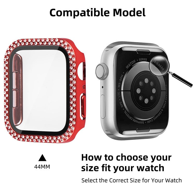 For Apple Watch SE (2022) / SE / Series 6 / 5 / 4 44mm Double Bling Rhinestone Overall Hard PC Case with Tempered Glass Screen Protector Integrated Watch Cover - Red