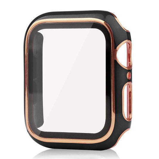 For Apple Watch Series 9 / 8 / 7 45mm Dual Color Electroplating Watch Case Built-in Tempered Glass Screen Protector Hard PC Overall Protective Cover - Black / Gold