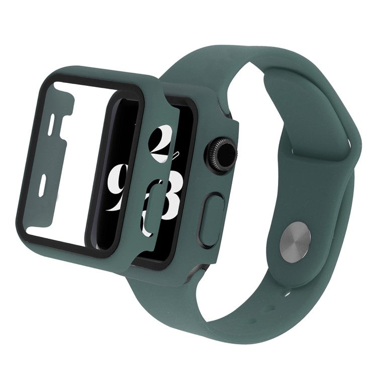 For Apple Watch SE (2022) 44mm / SE 44mm / 6 / 5 / 4 44mm Silicone Watch Strap + Full Cover Hard PC Watch Case with Tempered Glass Screen Protector - Midnight Green