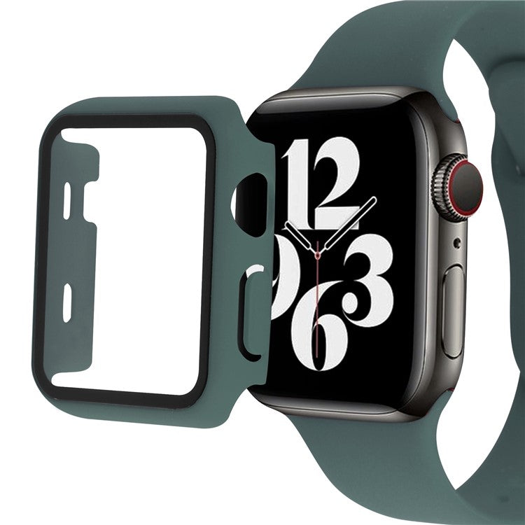 For Apple Watch SE (2022) 44mm / SE 44mm / 6 / 5 / 4 44mm Silicone Watch Strap + Full Cover Hard PC Watch Case with Tempered Glass Screen Protector - Midnight Green
