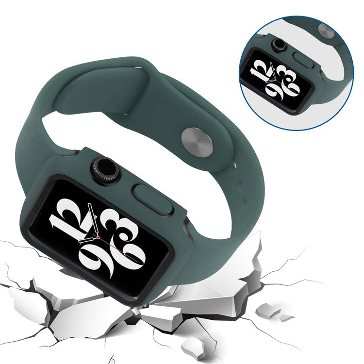 For Apple Watch SE (2022) 44mm / SE 44mm / 6 / 5 / 4 44mm Silicone Watch Strap + Full Cover Hard PC Watch Case with Tempered Glass Screen Protector - Midnight Green