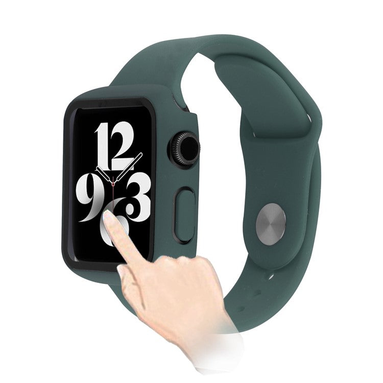 For Apple Watch SE (2022) 44mm / SE 44mm / 6 / 5 / 4 44mm Silicone Watch Strap + Full Cover Hard PC Watch Case with Tempered Glass Screen Protector - Midnight Green