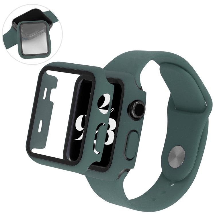 For Apple Watch SE (2022) 44mm / SE 44mm / 6 / 5 / 4 44mm Silicone Watch Strap + Full Cover Hard PC Watch Case with Tempered Glass Screen Protector - Midnight Green