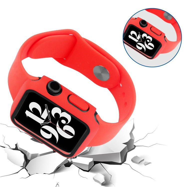 For Apple Watch SE (2022) 44mm / SE 44mm / 6 / 5 / 4 44mm Silicone Watch Strap + Full Cover Hard PC Watch Case with Tempered Glass Screen Protector - Red