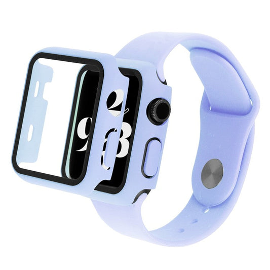 For Apple Watch SE (2022) 44mm / SE 44mm / 6 / 5 / 4 44mm Silicone Watch Strap + Full Cover Hard PC Watch Case with Tempered Glass Screen Protector - Purple