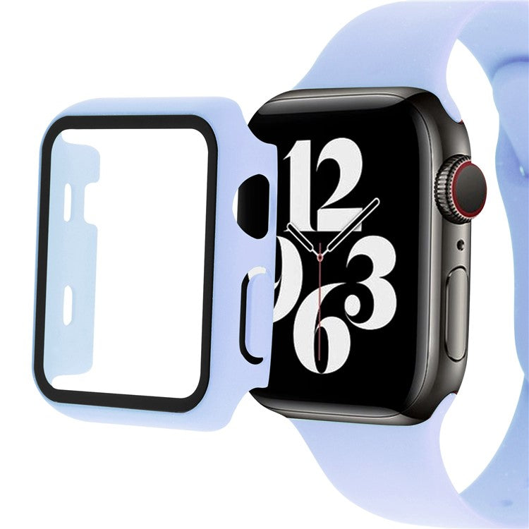 For Apple Watch SE (2022) 44mm / SE 44mm / 6 / 5 / 4 44mm Silicone Watch Strap + Full Cover Hard PC Watch Case with Tempered Glass Screen Protector - Purple