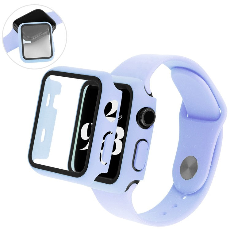 For Apple Watch SE (2022) 44mm / SE 44mm / 6 / 5 / 4 44mm Silicone Watch Strap + Full Cover Hard PC Watch Case with Tempered Glass Screen Protector - Purple