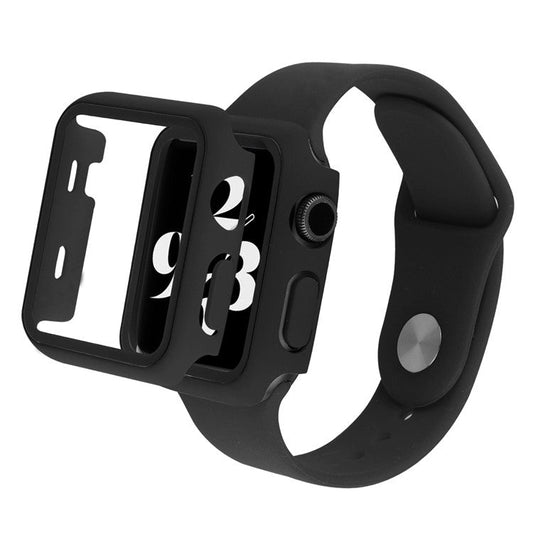 For Apple Watch SE (2022) 40mm / SE 40mm / 6 / 5 / 4 40mm Silicone Watch Strap + PC Watch Case with Tempered Glass Screen Protector Shockproof Protective Cover - Black