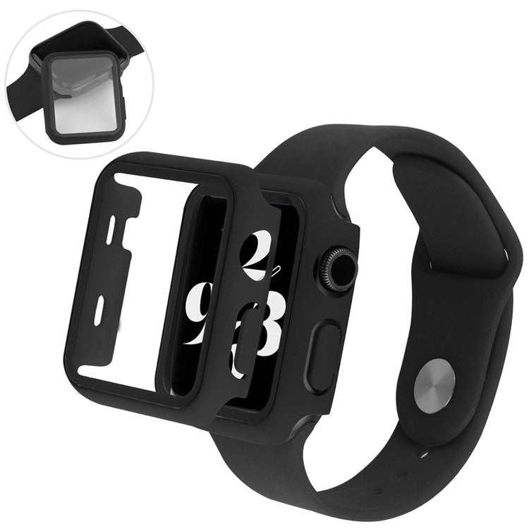 For Apple Watch SE (2022) 40mm / SE 40mm / 6 / 5 / 4 40mm Silicone Watch Strap + PC Watch Case with Tempered Glass Screen Protector Shockproof Protective Cover - Black