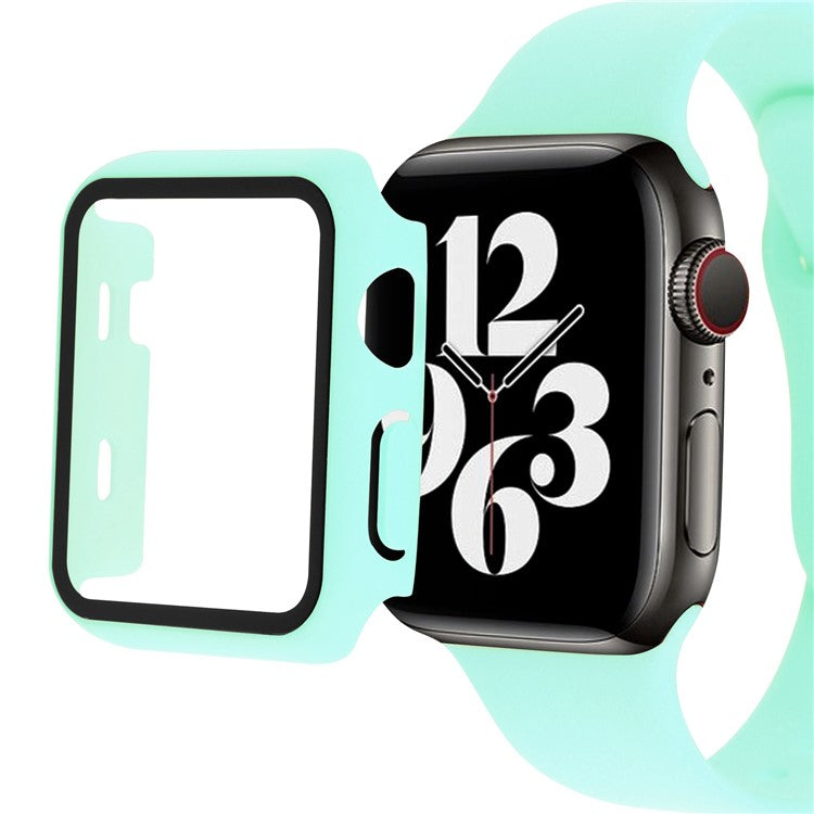 For Apple Watch SE (2022) 40mm / SE 40mm / 6 / 5 / 4 40mm Silicone Watch Strap + PC Watch Case with Tempered Glass Screen Protector Shockproof Protective Cover - Cyan