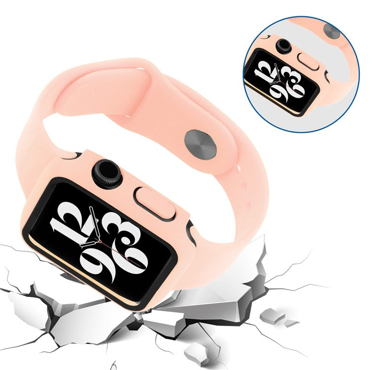 For Apple Watch Series 9 / 8 / 7 41mm Sport Band Soft Silicone Strap with Full Cover Hard PC Protective Case Built-in Tempered Glass Screen Protector - Light Pink