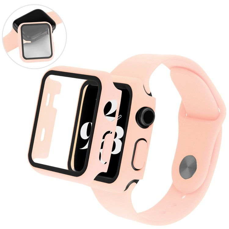 For Apple Watch Series 9 / 8 / 7 41mm Sport Band Soft Silicone Strap with Full Cover Hard PC Protective Case Built-in Tempered Glass Screen Protector - Light Pink