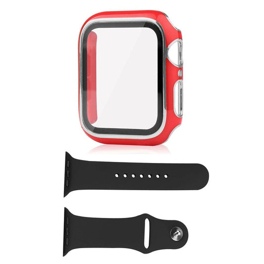 For Apple Watch SE (2022) 44mm / SE 44mm / 6 / 5 / 4 44mm Silicone Watch Band + PC Watch Case with Tempered Glass Screen Protector Electroplating Protective Case Cover - Red / Silver
