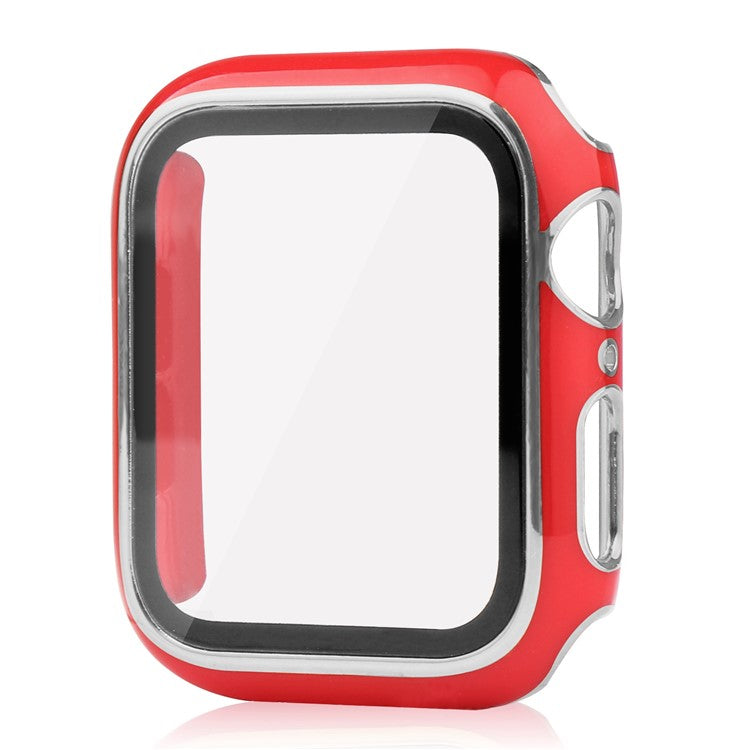 For Apple Watch SE (2022) 44mm / SE 44mm / 6 / 5 / 4 44mm Silicone Watch Band + PC Watch Case with Tempered Glass Screen Protector Electroplating Protective Case Cover - Red / Silver