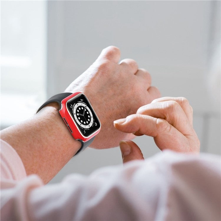 For Apple Watch SE (2022) 44mm / SE 44mm / 6 / 5 / 4 44mm Silicone Watch Band + PC Watch Case with Tempered Glass Screen Protector Electroplating Protective Case Cover - Red / Silver