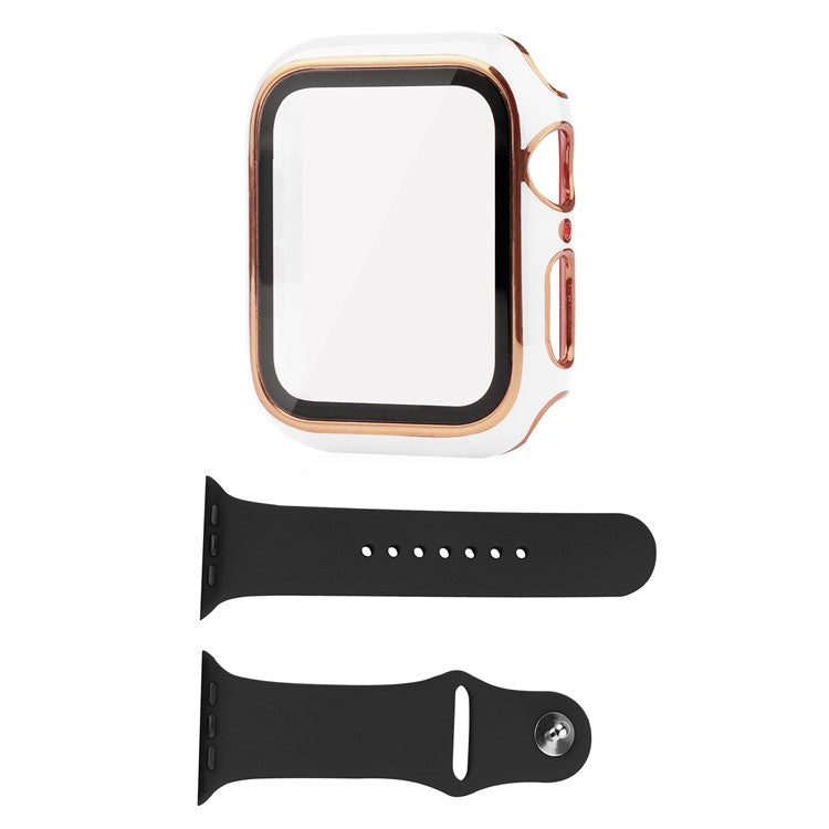 For Apple Watch SE (2022) 40mm / SE 40mm / 6 / 5 / 4 40mm Silicone Watch Band + Electroplating PC Watch Case with Tempered Glass Screen Protector Anti-Scratch Case Cover - White  /  Gold