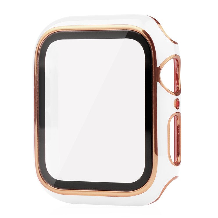 For Apple Watch SE (2022) 40mm / SE 40mm / 6 / 5 / 4 40mm Silicone Watch Band + Electroplating PC Watch Case with Tempered Glass Screen Protector Anti-Scratch Case Cover - White  /  Gold