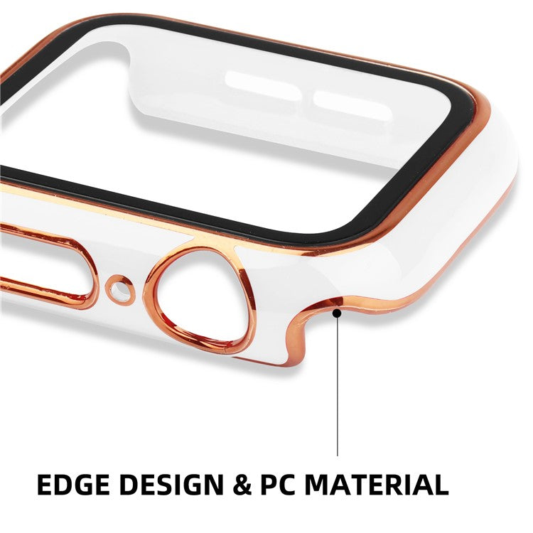For Apple Watch SE (2022) 40mm / SE 40mm / 6 / 5 / 4 40mm Silicone Watch Band + Electroplating PC Watch Case with Tempered Glass Screen Protector Anti-Scratch Case Cover - White  /  Gold