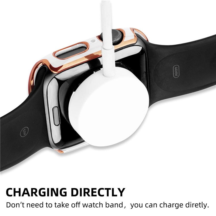 For Apple Watch SE (2022) 40mm / SE 40mm / 6 / 5 / 4 40mm Silicone Watch Band + Electroplating PC Watch Case with Tempered Glass Screen Protector Anti-Scratch Case Cover - White  /  Gold