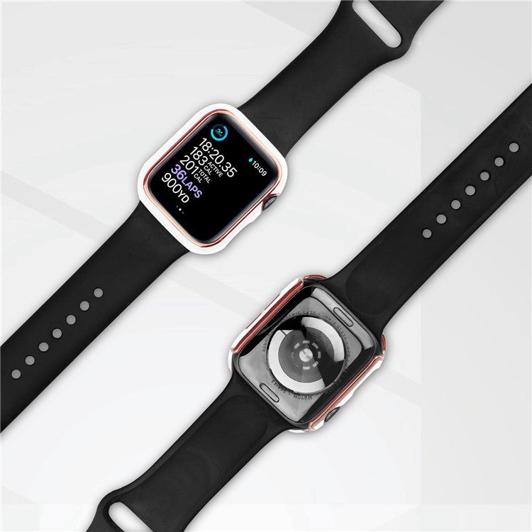 For Apple Watch SE (2022) 40mm / SE 40mm / 6 / 5 / 4 40mm Silicone Watch Band + Electroplating PC Watch Case with Tempered Glass Screen Protector Anti-Scratch Case Cover - White  /  Gold