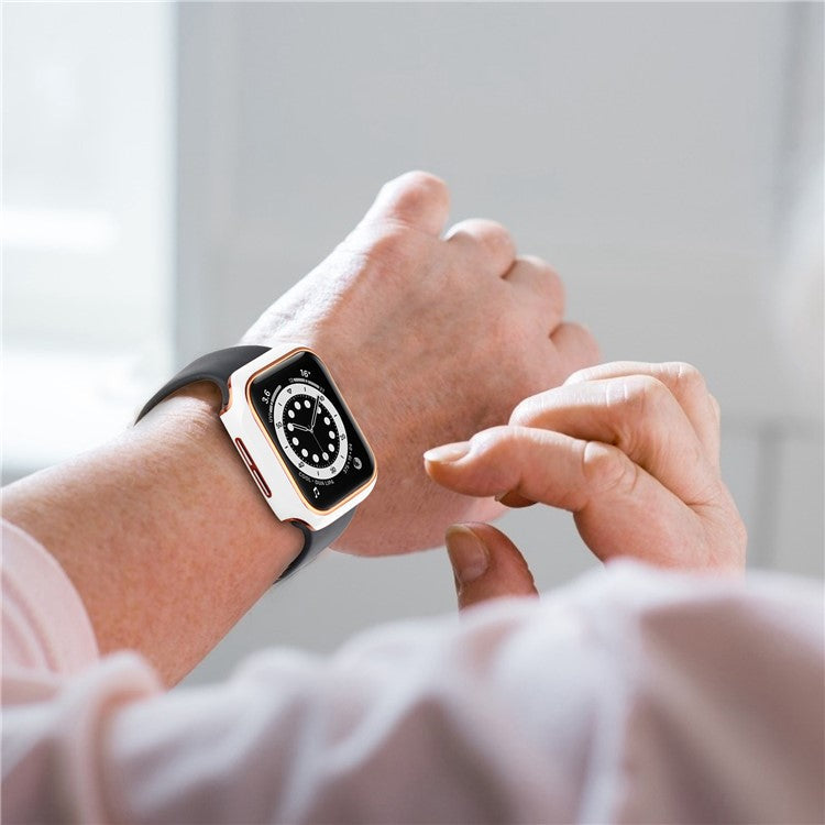 For Apple Watch SE (2022) 40mm / SE 40mm / 6 / 5 / 4 40mm Silicone Watch Band + Electroplating PC Watch Case with Tempered Glass Screen Protector Anti-Scratch Case Cover - White  /  Gold