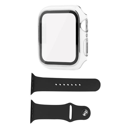 For Apple Watch Series 9 / 8 / 7 41mm Silicone Watch Band with Hard PC Electroplating Watch Case Built-in Tempered Glass Screen Protector - White  /  Silver