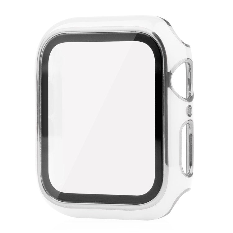 For Apple Watch Series 9 / 8 / 7 41mm Silicone Watch Band with Hard PC Electroplating Watch Case Built-in Tempered Glass Screen Protector - White  /  Silver