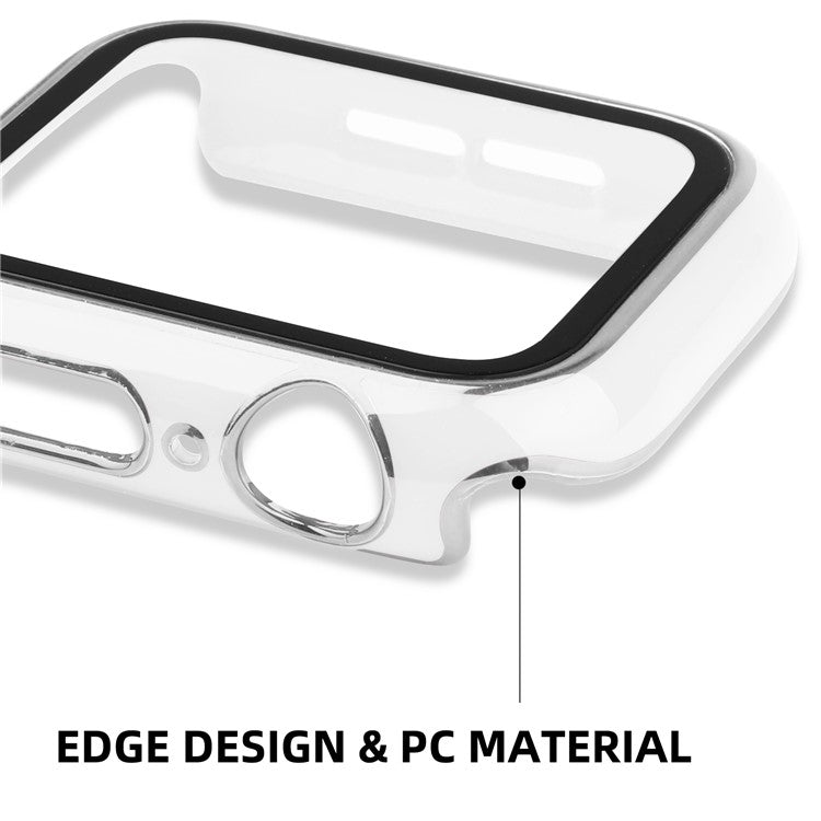 For Apple Watch Series 9 / 8 / 7 41mm Silicone Watch Band with Hard PC Electroplating Watch Case Built-in Tempered Glass Screen Protector - White  /  Silver