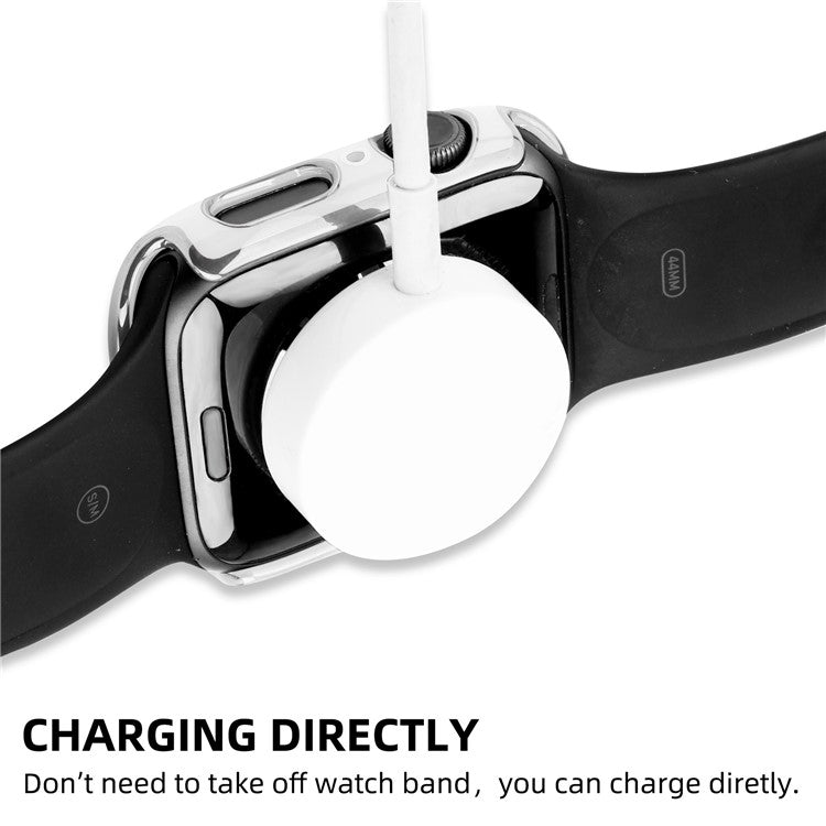 For Apple Watch Series 9 / 8 / 7 41mm Silicone Watch Band with Hard PC Electroplating Watch Case Built-in Tempered Glass Screen Protector - White  /  Silver