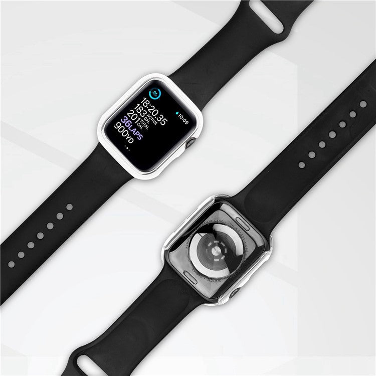 For Apple Watch Series 9 / 8 / 7 41mm Silicone Watch Band with Hard PC Electroplating Watch Case Built-in Tempered Glass Screen Protector - White  /  Silver