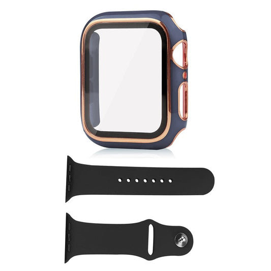 For Apple Watch Series 8 45mm / 7 45mm Smartwatch Silicone Sport Wrist Strap + Hard PC Electroplating Watch Cover with Tempered Glass Screen Protector - Blue  /  Gold