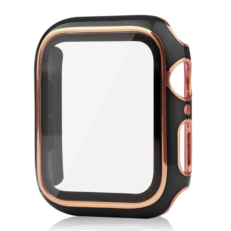 For Apple Watch Series 8 45mm / 7 45mm Smartwatch Silicone Sport Wrist Strap + Hard PC Electroplating Watch Cover with Tempered Glass Screen Protector - Blue  /  Gold