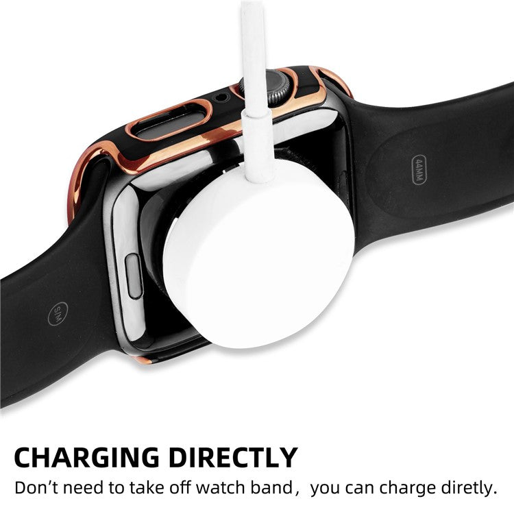 For Apple Watch Series 8 45mm / 7 45mm Smartwatch Silicone Sport Wrist Strap + Hard PC Electroplating Watch Cover with Tempered Glass Screen Protector - Blue  /  Gold