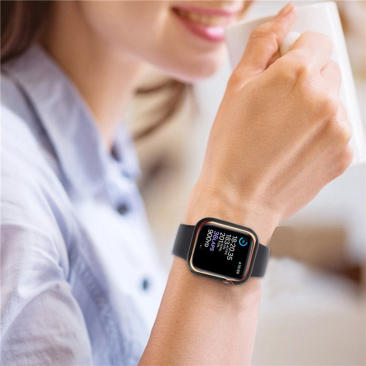 For Apple Watch Series 8 45mm / 7 45mm Smartwatch Silicone Sport Wrist Strap + Hard PC Electroplating Watch Cover with Tempered Glass Screen Protector - Blue  /  Gold
