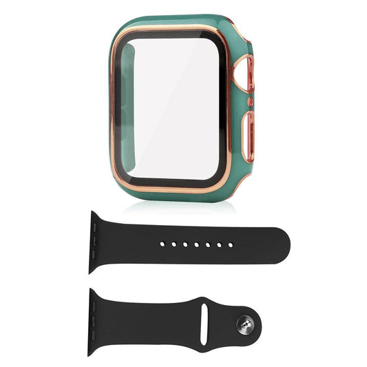 For Apple Watch Series 8 45mm / 7 45mm Smartwatch Silicone Sport Wrist Strap + Hard PC Electroplating Watch Cover with Tempered Glass Screen Protector - Blackish Green  /  Gold