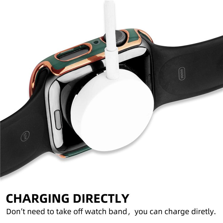 For Apple Watch Series 8 45mm / 7 45mm Smartwatch Silicone Sport Wrist Strap + Hard PC Electroplating Watch Cover with Tempered Glass Screen Protector - Blackish Green  /  Gold