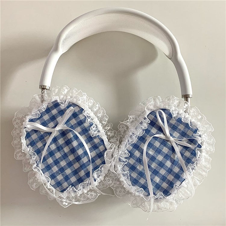 1Pair For AirPods Max Shockproof Case Fabric+TPU Headset Protector Grids Pattern Lace-Edge Design - Blue