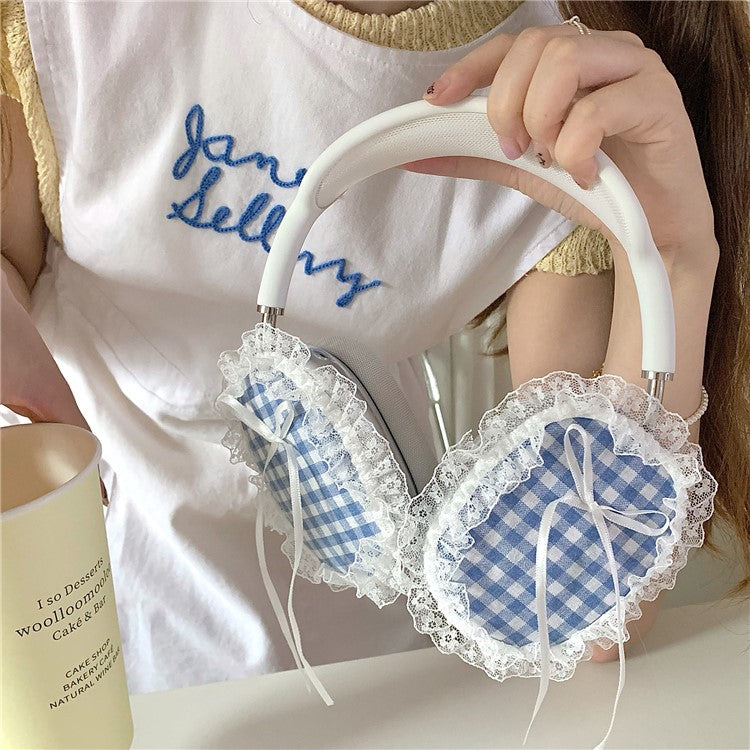 1Pair For AirPods Max Shockproof Case Fabric+TPU Headset Protector Grids Pattern Lace-Edge Design - Blue