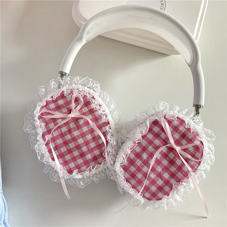 1Pair For AirPods Max Shockproof Case Fabric+TPU Headset Protector Grids Pattern Lace-Edge Design - Red