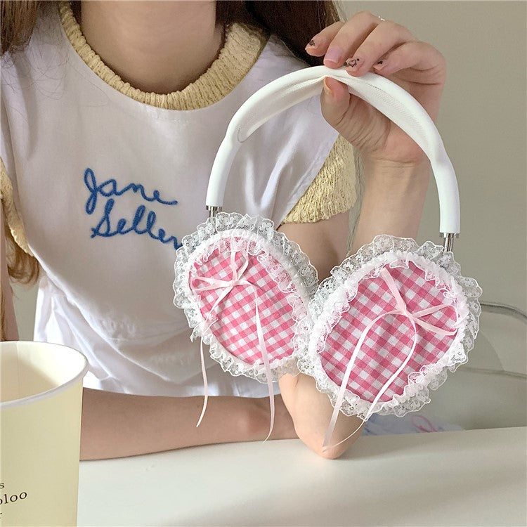 1Pair For AirPods Max Shockproof Case Fabric+TPU Headset Protector Grids Pattern Lace-Edge Design - Red