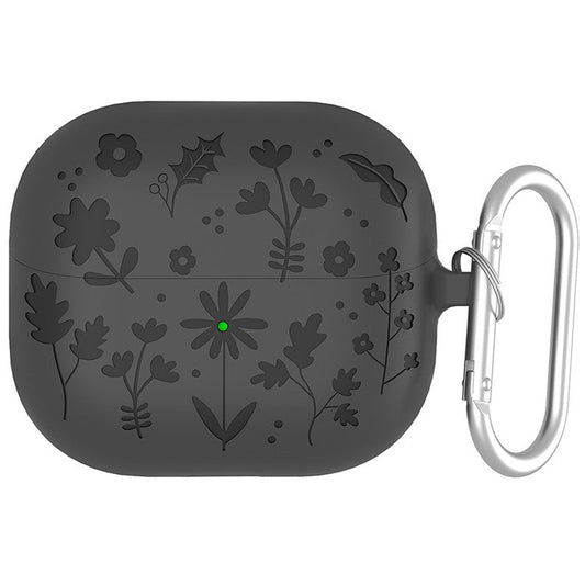 For Samsung Galaxy Buds3 Pro / Buds3 Bluetooth Earphones Flower Pattern Liquid Silicone Case with Hanging Buckle - Dark Grey