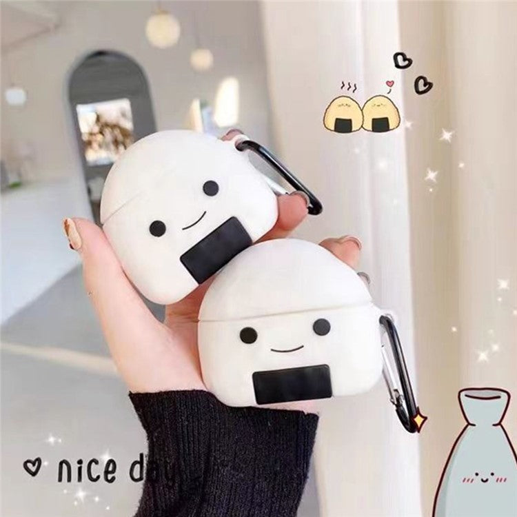 For Apple AirPods with Wireless Charging Case (2019) / AirPods with Charging Case (2019) / (2016) Case Rice Ball Silicone Cover with Carabiner