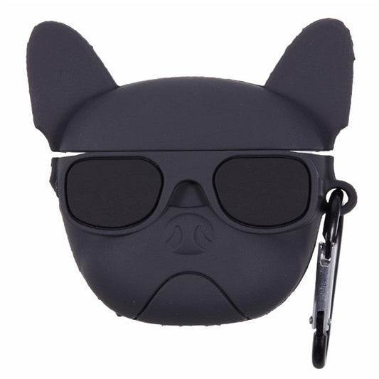 For Apple AirPods Pro Bluetooth Earphones Silicone Cover Bulldog Protective Case with Carabiner - Black