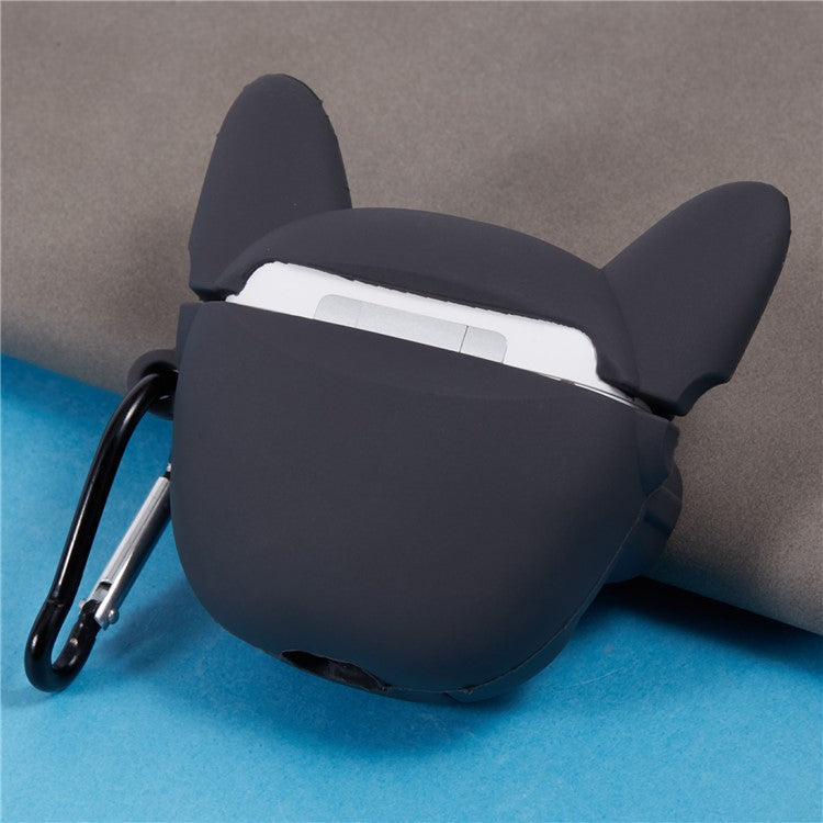 For Apple AirPods Pro Bluetooth Earphones Silicone Cover Bulldog Protective Case with Carabiner - Black