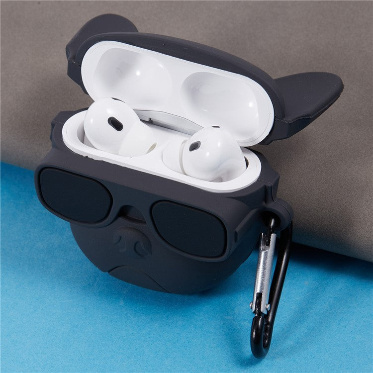 For Apple AirPods Pro Bluetooth Earphones Silicone Cover Bulldog Protective Case with Carabiner - Black